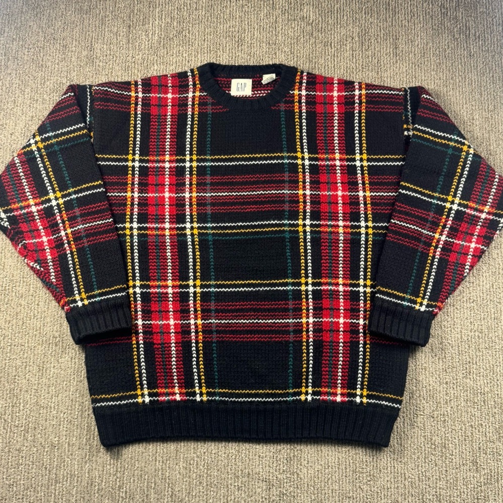 Vintage GAP Mens Large 100% Wool Plaid Crewneck Sweater Black Red 90s Knit